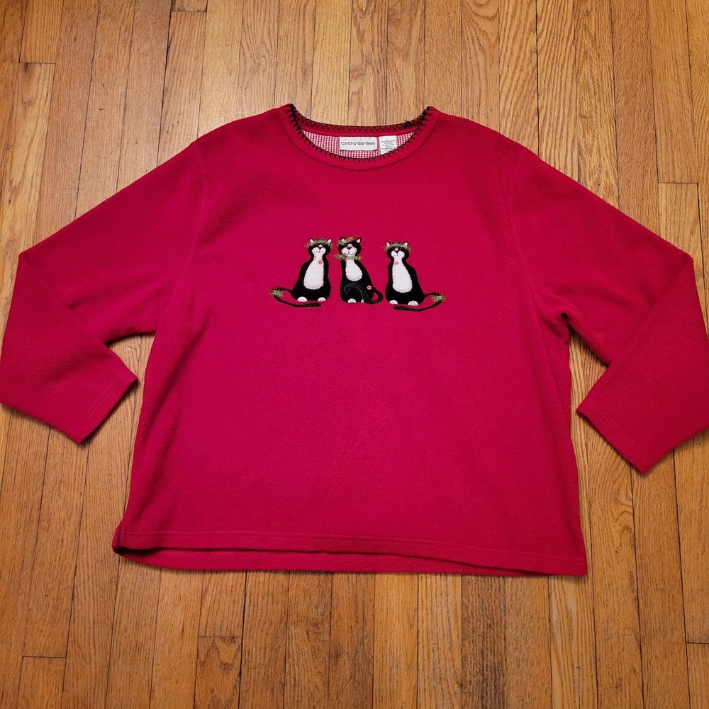 Cathy Daniels XL Red Fleece Sweatshirt Cats Embroidered Mouse Holiday Christmas